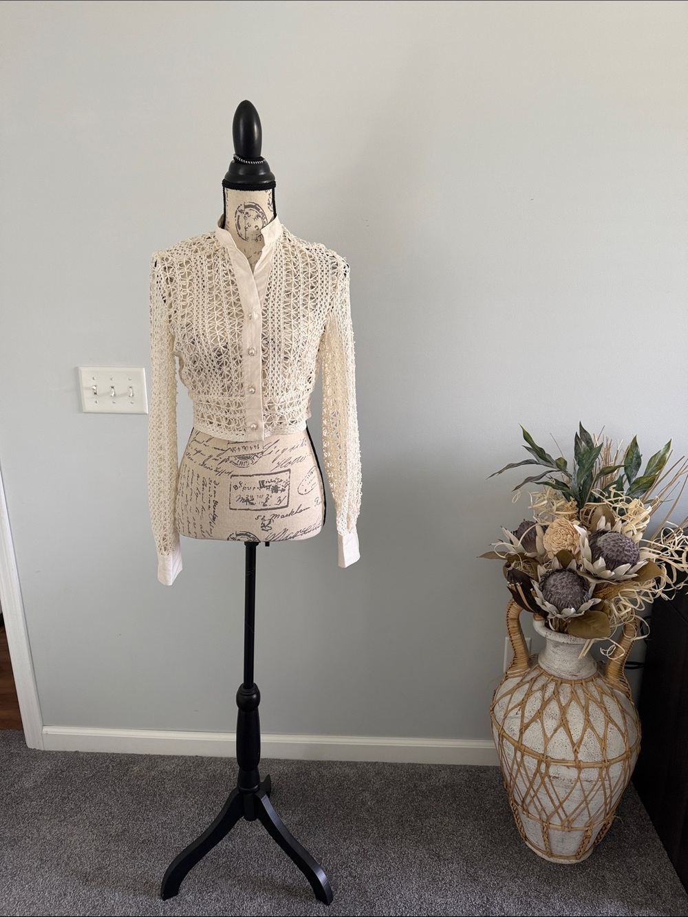 Women's Cream Crochet Button-Front Blouse